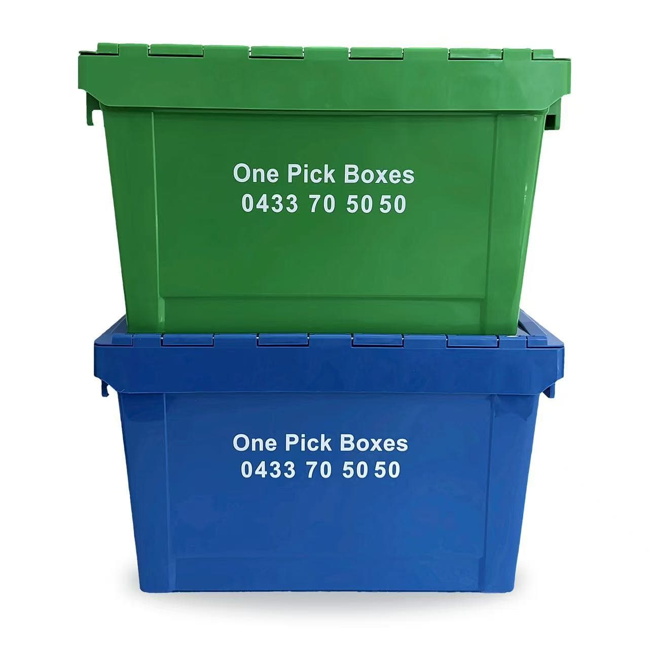 Green and blue OnePickBoxes crates stacked securely
